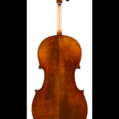 Parte traseira de violoncelo de madeira castanha com acabamento brilhante