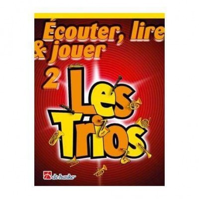 Capa de livro vermelho e amarelo intitulado Les Trios com elementos gráficos de notas musicais.