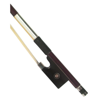 Arco de violino com madeira escura e partes metálicas prateadas