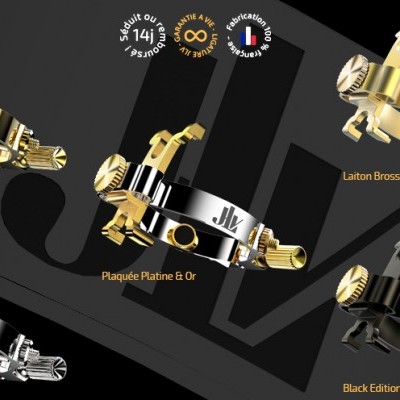 Cinco grampos para gravata metálicos em dourado, prateado e preto com logo JLV em fundo preto