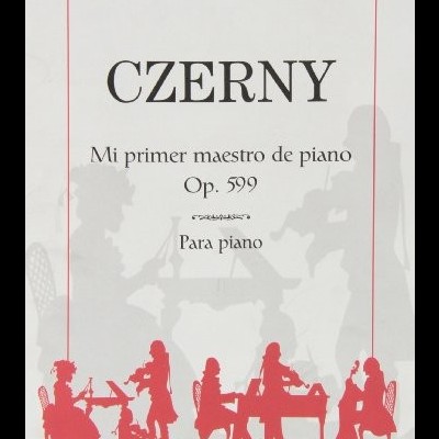 Capa de partitura musical de piano com título CZERNÝ e ilustração de músicos em silhueta vermelha.