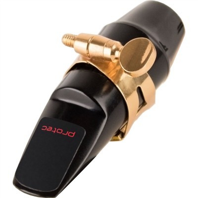 Bocal de saxofone preto com detalhes dourados