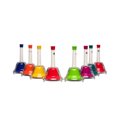 Sete sinos de vidro coloridos com bases quadradas e cabos compridos