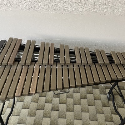 Xilofone com teclas de madeira e suporte metálico em chão de azulejos em padrão xadrez.