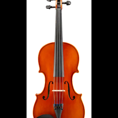 Violino de madeira laranja com cordas e queixo preto