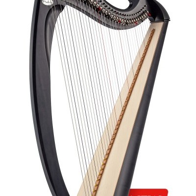 Harpa preta com lambril de madeira clara e pedal de controlo