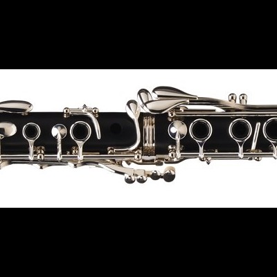 Clarinete preto com chaves metálicas prateadas sobre fundo branco