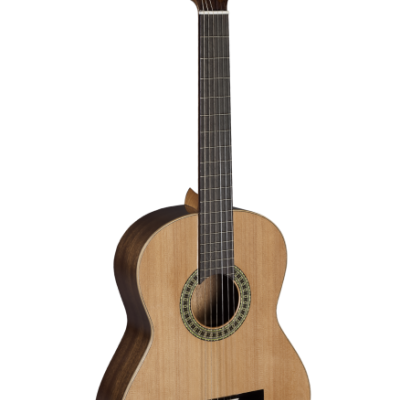 Guitarra clássica de madeira com tampo claro e laterais escuras