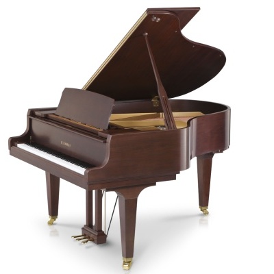 Piano de cauda pequeno de madeira escura com tampa aberta e três pedais