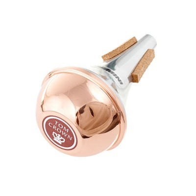 Silenciador para trompete em metal prateado e cobre com cortiça e texto Tom Crown