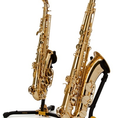 Dois saxofones dourados em suportes, fundo branco