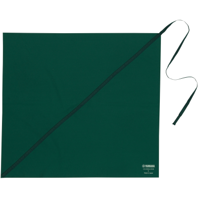 Pano verde escuro quadrado com fita preta e texto branco de marca.