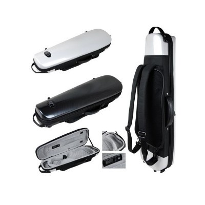 Estojo para violino preto e branco com várias vistas