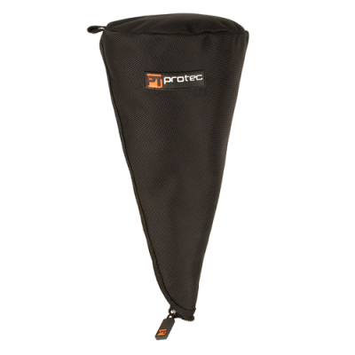 Bolsa preta triangular com fecho e etiqueta 'protec'