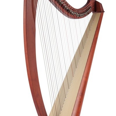 Harpa acústica de madeira castanho avermelhado com cordas metálicas