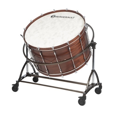 Bombo de madeira castanha com pele branca BERGERAULT em suporte metálico