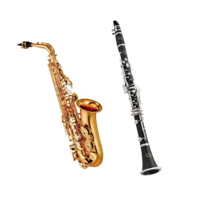 Saxofone dourado e clarinete preto lado a lado