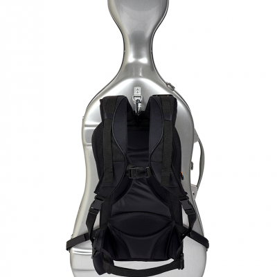 Estojo rígido prateado com alças de mochila pretas acolchoadas para transporte