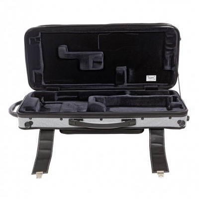 Estojo rígido aberto para violino com interior preto e exterior cinza