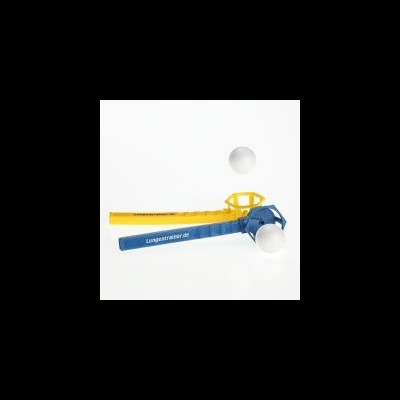 Suportes de ténis de mesa azul e amarelo com bolas brancas em fundo branco