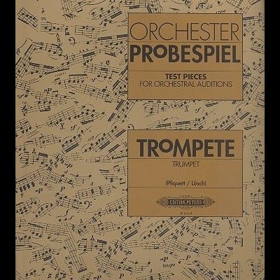 Capa de partituras para trompete com texto em inglês e alemão sobre um fundo com notas musicais.