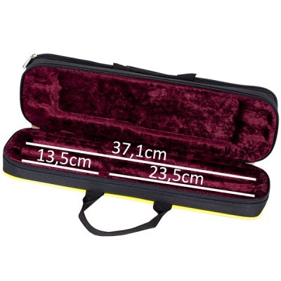 Estojo amarelo com interior vermelho e divisões medidas em cm