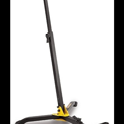 Suporte para guitarra em metal preto e amarelo com três pés e apoio acolchoado