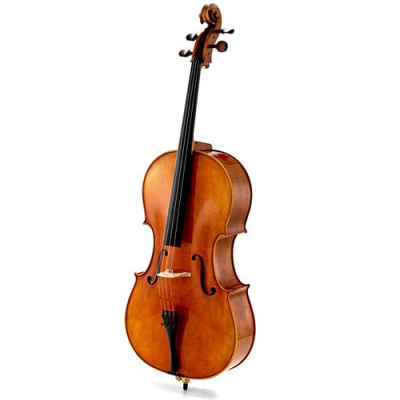 Violoncelo de madeira castanho com quatro cordas e ponte clara