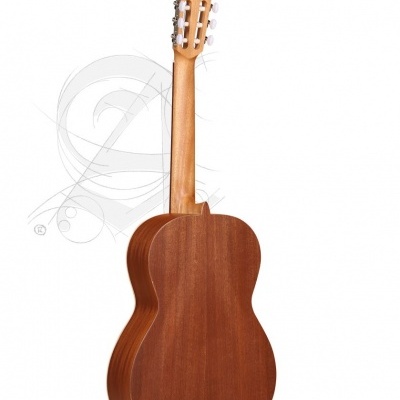 Guitarra clássica de madeira vista por trás em fundo branco