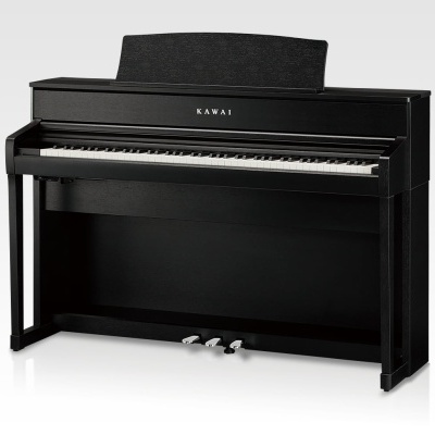 Piano digital preto Kawai com três pedais