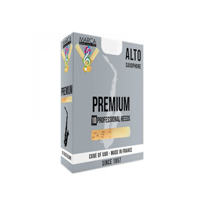 Embalagem de palhetas para saxofone alto, cor cinza com texto preto e branco