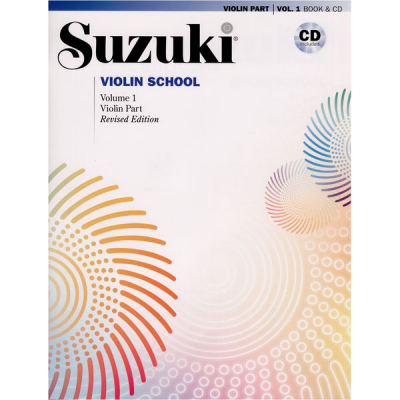 Capa do livro Suzuki Violin School Volume 1 com padrões circulares coloridos e indicação de CD incluído