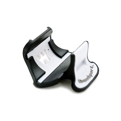 Suporte de polegar para guitarra preto e branco com texto thumbport