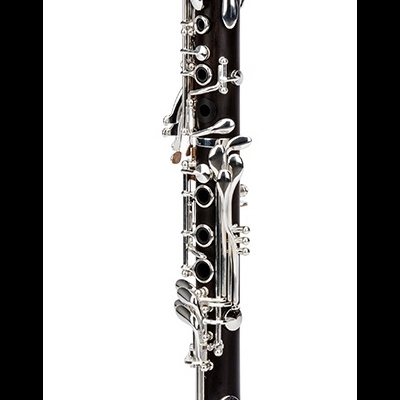 Clarinete preto com detalhes metálicos prateados em suporte