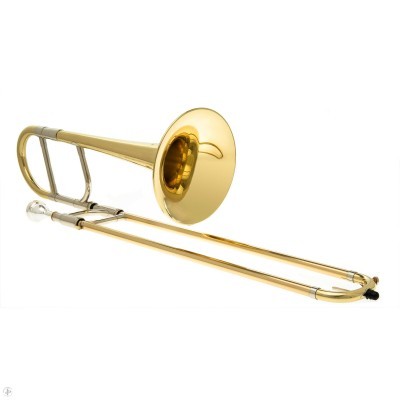 Trombone dourado com bocal prateado em fundo branco