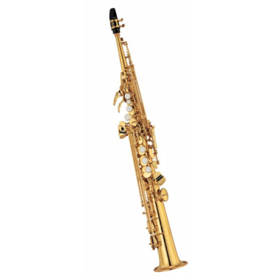 Saxofone soprano dourado com teclas e bocal preto