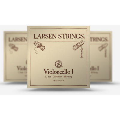 Embalagem de cordas Larsen Strings para Violoncelo I em tom bege com texto e gráficos castanhos