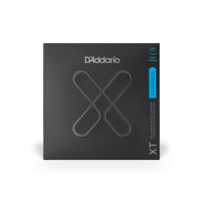 Embalagem de cordas para guitarra clássica D'Addario XT HT cinza e azul.