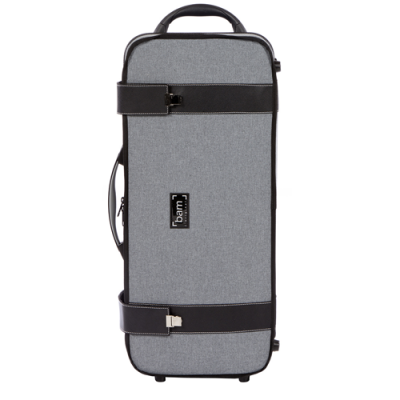 Estojo rígido cinza com detalhes pretos para instrumento musical