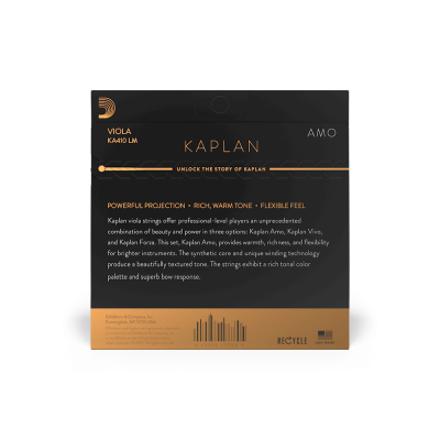 Embalagem preta com texto laranja e branco de cordas para viola Kaplan KA410 LM série AMO