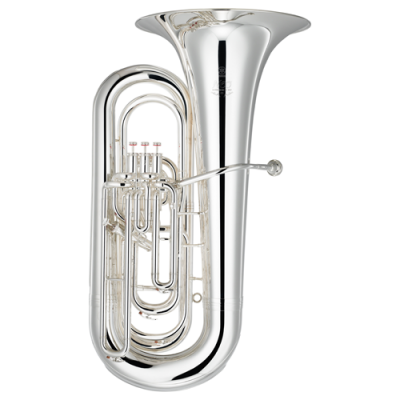 Tuba prateada com três pistões e campânula larga em fundo branco