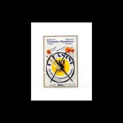 Caixa com palheta amarela para trompete com texto e flores laranja no fundo