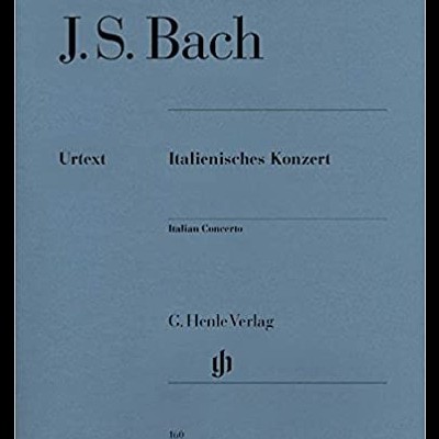 Partitura musical azul de J. S. Bach com texto preto.