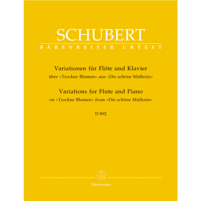 Capa amarela de partitura musical de Schubert com texto branco e preto