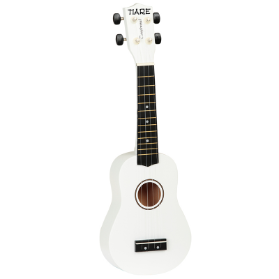 Ukulele branco com braço preto e cordas transparentes