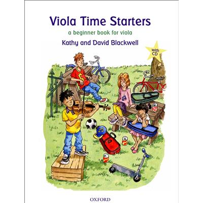 Capa de livro 'Viola Time Starters' com quatro crianças a tocar viola num parque e vários brinquedos