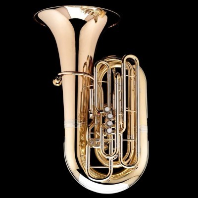 Tuba dourada com válvulas brancas em fundo preto