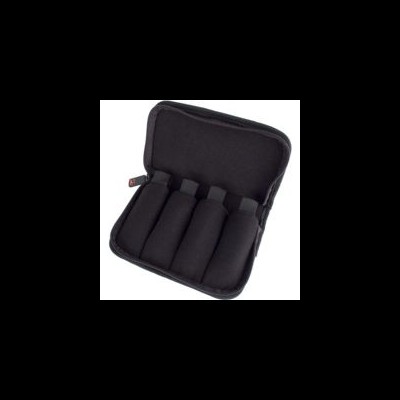Estojo preto aberto com cinco compartimentos acolchoados.