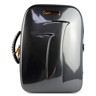 Estojo rígido preto com relevo e etiqueta 'bam original'