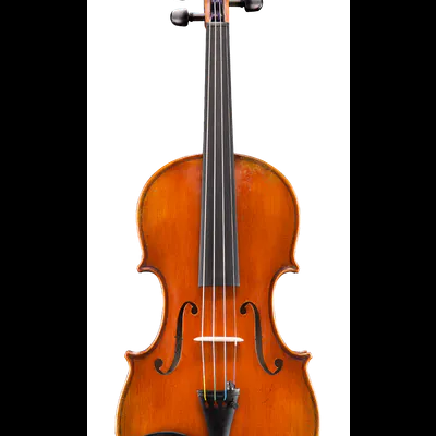 Violino em madeira castanho-avermelhada com quatro cordas e detalhes pretos